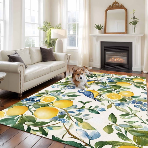 Lemon Bird Large Area Rugs 8x10 ft Fruit Leaves Branch Vintage Watercolor Washable Rug Non Slip Indoor Carpet Absorbent Floor Mat for Living Room Bedroom Dining Room