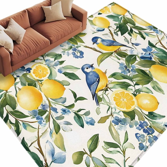 Lemon Bird Large Area Rugs for Bedroom Living Room, Soft Non Slip Carpet Bedside Rug, Watercolor Yellow Green Foliage Flower Leaf Rectangular Floor Cover Kitchen Accent Rug 6'x9' for Office