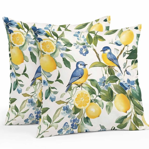 Lemon Bird Outdoor Pillow Covers Pack of 2 Fruit Leaves Branch Vintage Watercolor Waterproof Throw Pillow Covers Decorative Cushion Cases for Patio Garden Tent Balcony Couch 24x24 inch