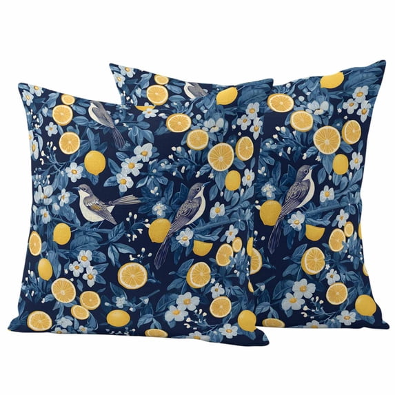 Lemon Bird Pillow Covers 2 Pack Spring Summer Blue White Floral Leaf Bird Yellow Lemon Navy Blue Pillowcase Waterproof Outdoor Throw Pillow Cover for Patio Garden Square Cushion 24”x24”