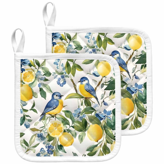 Lemon Bird Pot Holders for Kitchen Heatproof Potholder, 2 Pack Watercolor Yellow Green Foliage Flower Leaf Hot Pads Multipurpose Oven Pads Cloth Potholders Trivet for Cooking and Baking