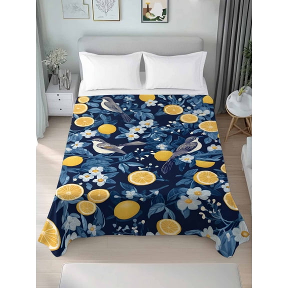 Lemon Bird Queen Size Flat Sheet, Wrinkleproof & Fadeproof Cooling Flat Bed Sheet Only, Blue Yellow Pastoral Flowers Plant Summer Breathable Soft Bedding Top Sheets 90 x 102 Inches