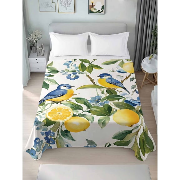 Lemon Bird Queen Size Flat Sheet, Wrinkleproof & Fadeproof Cooling Flat Bed Sheet Only, Watercolor Yellow Green Foliage Flower Leaf Breathable Soft Bedding Top Sheets 90 x 102 Inches