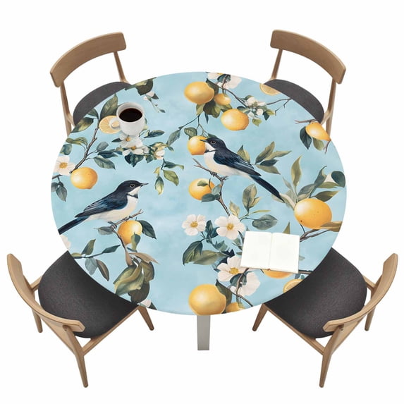 Lemon Bird Round Fitted Tablecloth Spring Summer White Floral Leaf Bird ...