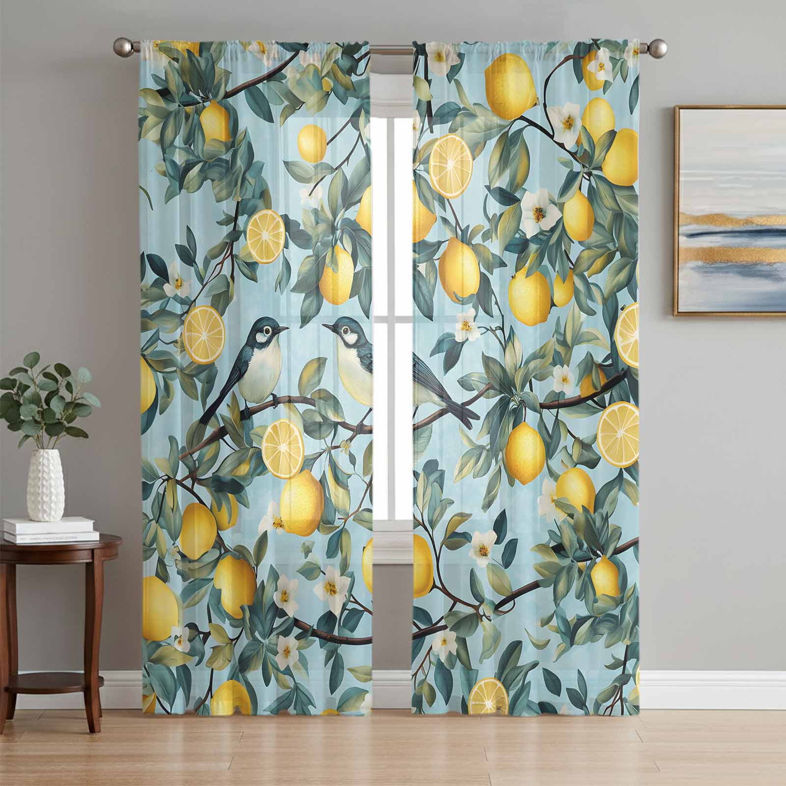Lemon Bird Sheer Curtains 63 Inch Length 2 Panels Set, Farmhouse ...