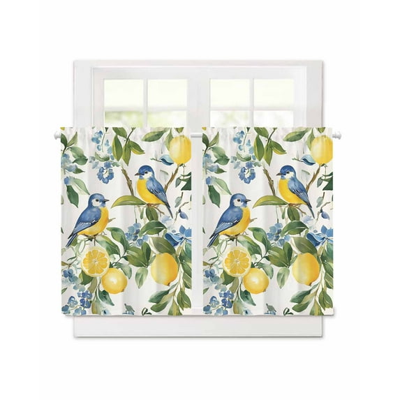 Lemon Bird Short Blackout Curtains 45 Inch Long Fruit Leaves Branch Vintage Watercolor Rod Pocket Kitchen Curtains, 2 Panels Thermal Insulated Room Darkening Drapes for Bedroom, 30"W x 45"L