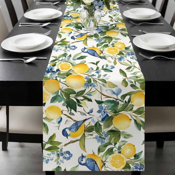 Lemon Bird Table Runner 36 Inches Long, Watercolor Yellow Green Foliage Flower Leaf Kitchen Coffee Dining Table Decoration for Home Party Birthday Wedding Home Decor 13x36 Inches