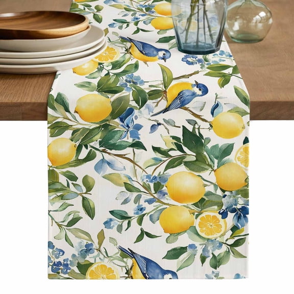 Lemon Bird Table Runner, Watercolor Yellow Green Foliage Flower Leaf Washable Cotton Linen Table Runners 36 Inches Long, Dresser Scarf Runner for Nightstand/End Tables/Round Tables 13''x36''