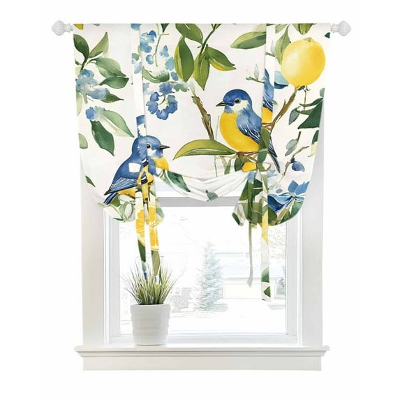 Lemon Bird Tie Up Curtains for Window, Thermal Insulated Balloon Shade Adjustable Rod Pocket Curtains Valance Panels for Kitchen Bathroom Cafe 42 x 54 Watercolor Yellow Green Foliage Flower Leaf