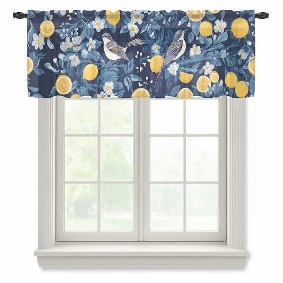 Lemon Bird Valance Curtains for Kitchen/Living Room/Bathroom/Bedroom Window, Rod Pocket Small Topper Half Short Window Curtains Voile Sheer Scarf, Blue Yellow Pastoral Flowers Plant Summer 42"x12"