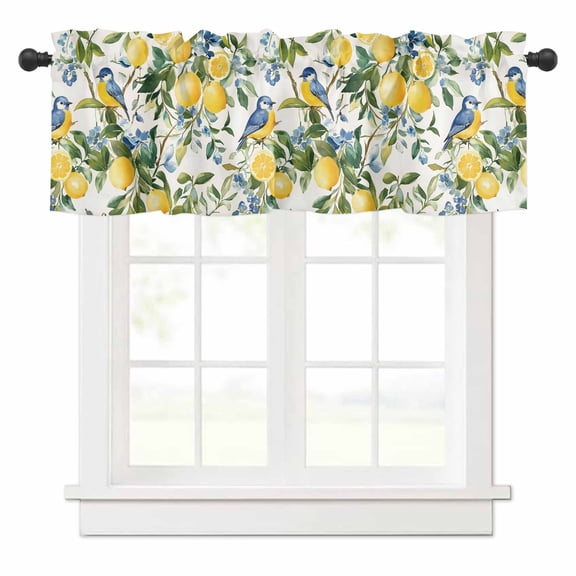 Lemon Bird Valances for Windows Fruit Leaves Branch Vintage Watercolor Rod Pocket Curtain Valance Window Treatment Short Curtains for Kitchen Living Room, 42"x12"