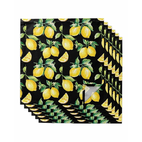 Lemon Black Cloth Napkins Set of 6 Reusable Dinner Napkins, Country Fruit Watercolor Farmhouse Plant Cocktail Napkin Washable Table Napkins for Wedding/Holiday Party/Baby Shower 20"x20"