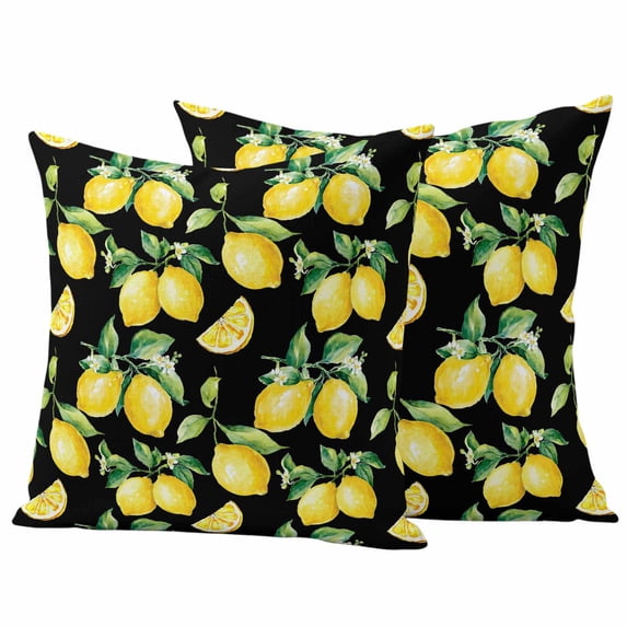Lemon Black Outdoor Waterproof Pillow Covers, Country Fruit Watercolor Farmhouse Plant Decorative Square Throw Pillowcase Sofa Cushion Sham for Patio/Couch/Chair, 18"x18" 2 Pack
