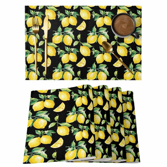 Lemon Black Placemats Set of 6, Country Fruit Watercolor Farmhouse Plant Placemats for Dining Table, Place Mats for Kitchen Tabletop, Waterproof Wipeable Dining Table Mats Set