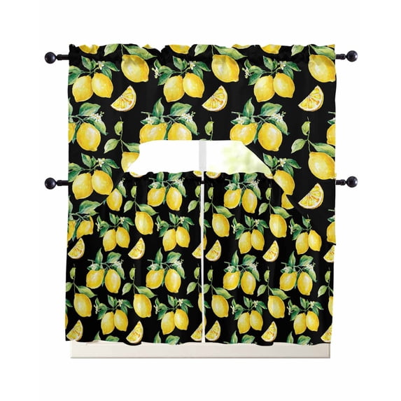 Lemon Black Swag Curtains for Living Room/Bedroom Windows, Country Fruit Watercolor Farmhouse Plant Kitchen Curtains and Valances Set 36 Inch Length, Light Filtering Swags Valance Curtain Panels