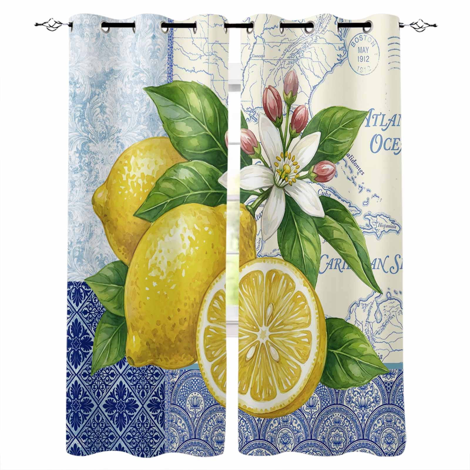 Lemon Blackout Curtains 84 Inch Length Blue White Porcelain Vintage Map ...