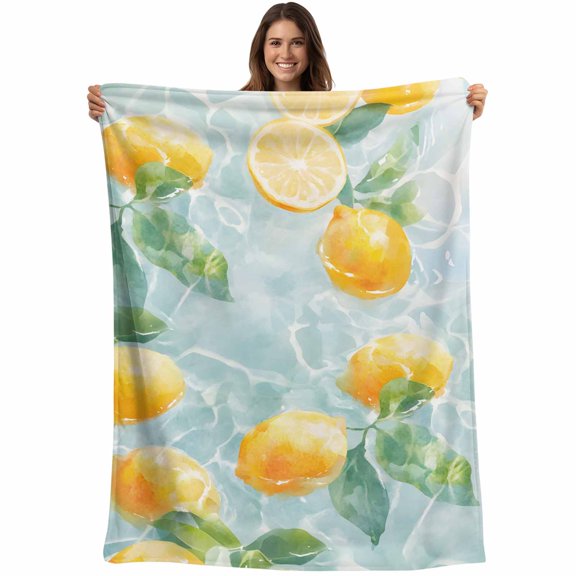 Lemon Blanket Soft Cozy Warm Throw Blanket for Couch, Plush Fuzzy Flannel Fleece Blankets for Sofa, Yellow Fruit Watercolor Aqua Blue Lake Summer Bed Blankets Lightweight Gifts for Women, 40"x50"