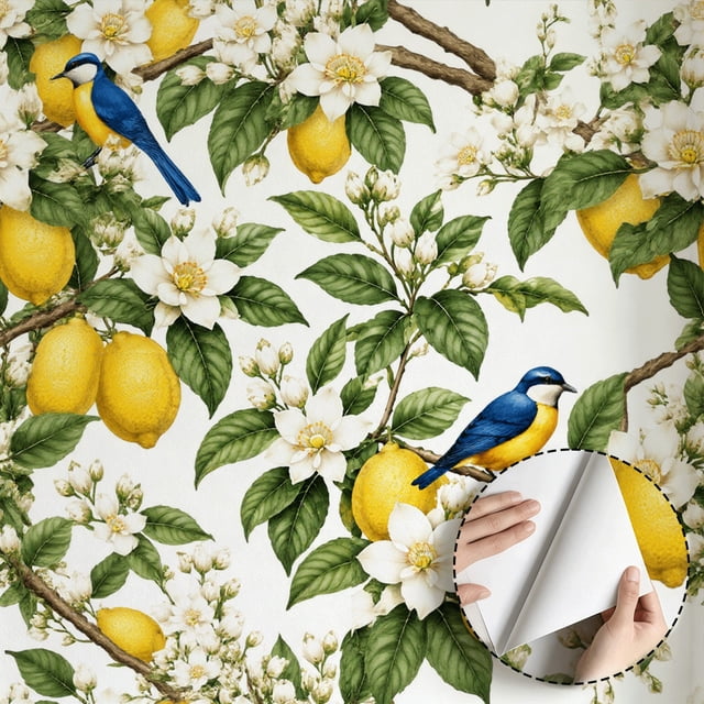 Styick Run Lemon Blossom Blue Bird Wallpaper Farmhouse Rustic Modern Peel and ...