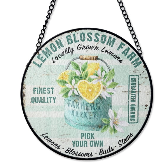 Lemon Blossom Farm Fresh Suncatcher, Stained Glass Style UV Printed Glass, Summer Fruit Kitchen Decor, Round