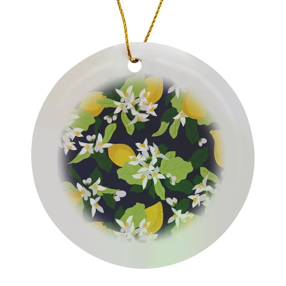 3drose, Lemon Blossom Floral Dark Blue, Circle Porcelain Ornament