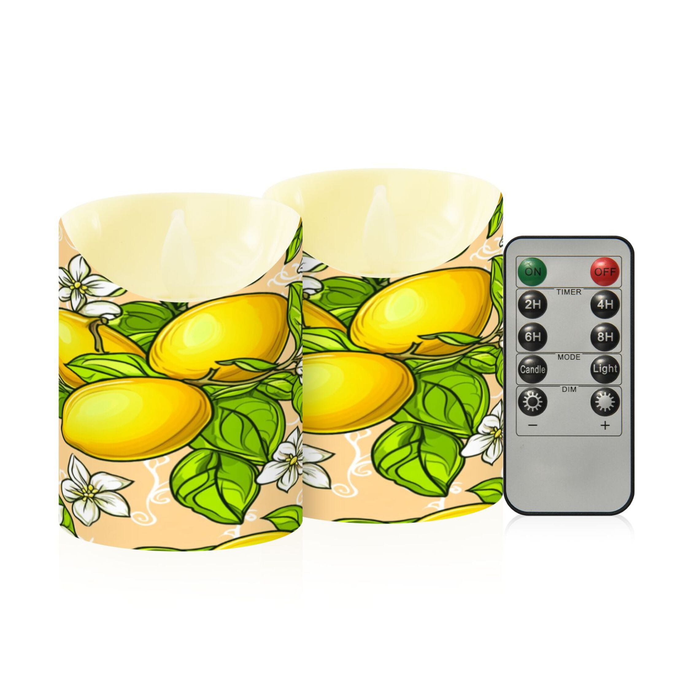 Lemon Blossoms Flameless Candles 2 PCS with Remote Realistic Moving Flame LED Tapered Pillar Set for Home Decor
