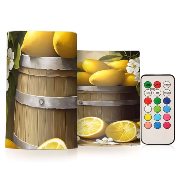 Lemon Blossoms Flickering Flameless Candles Battery Operated with Remote Timer LED Pillar Candles Set of 2