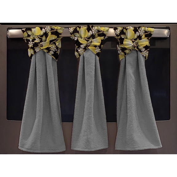 Lemon Blossoms Wraparound Snap Hanging Towels (Set of 2) by Penny's Needful Things (Terrycloth Color: Gray)