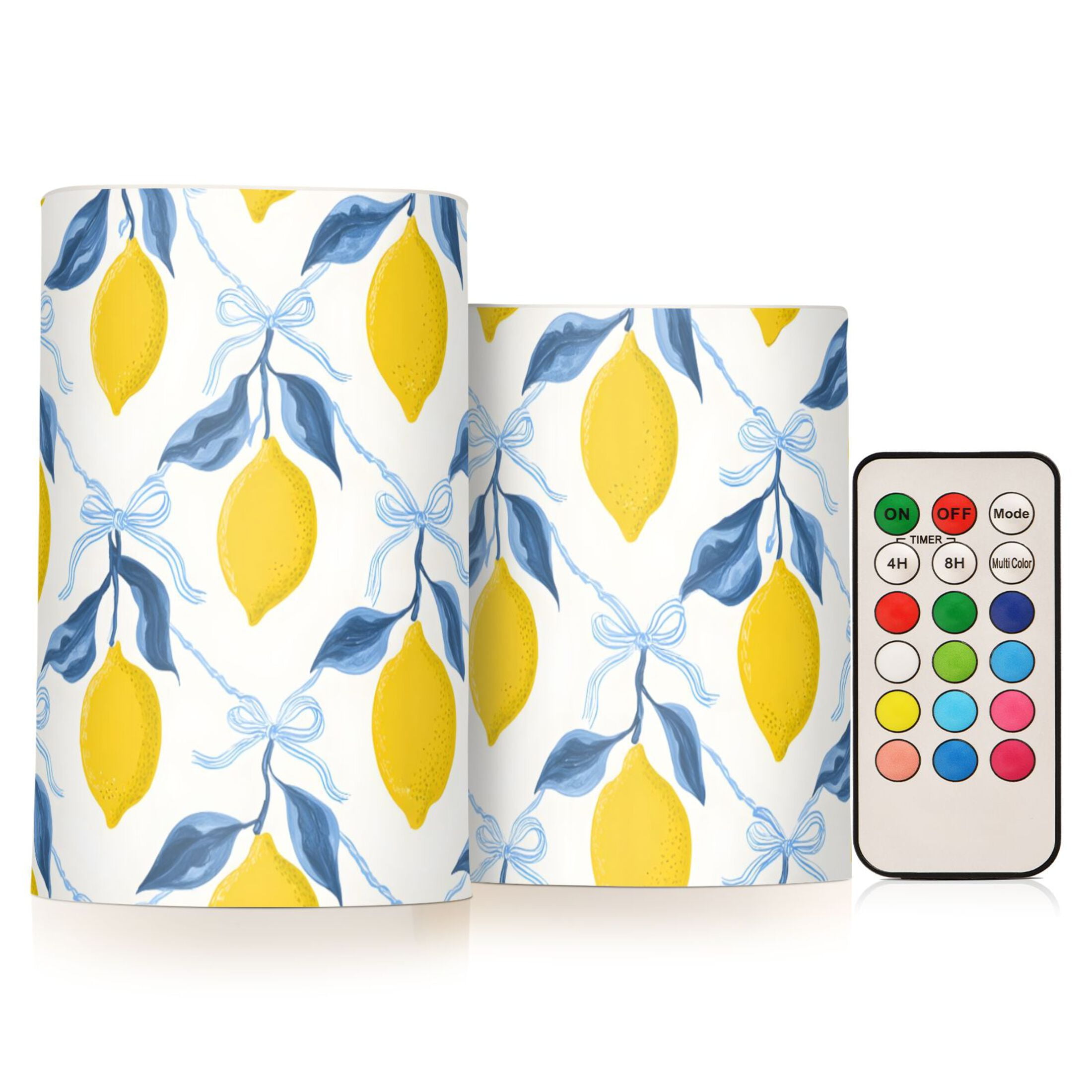 Lemon Blue Bow Pattern Flameless LED Candle Set with Remote, Battery Operated Color Changing Pillar Candles, Set of 2