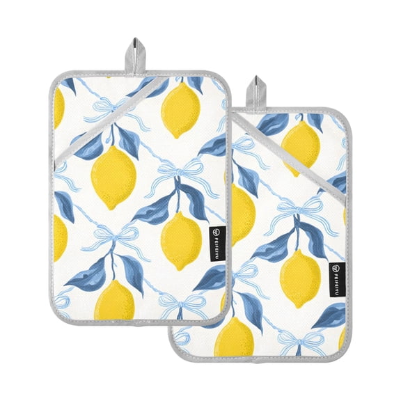 Lemon Blue Bow Pattern Pot Holder Set 2 Piece Non-Slip Oven Hot Pads Heat Resistant Durable 7x9.8in