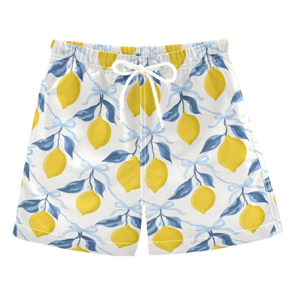 Lemon Blue Bow Pattern Swim Trunks Quick Dry Beach Pool Board Shorts Lightweight Stylish Print Sizes 2T to XL