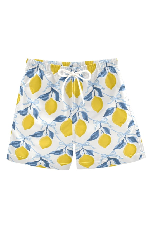 Lemon Blue Bow Pattern Swim Trunks Quick Dry Beach Pool Board Shorts Lightweight Stylish Print Sizes 2T to XL
