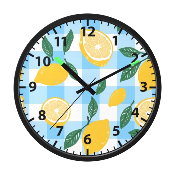 Lemon Blue Checkboard Pattern Wall Clock 12 Inch Voice Activated Night Light Silent Non Ticking
