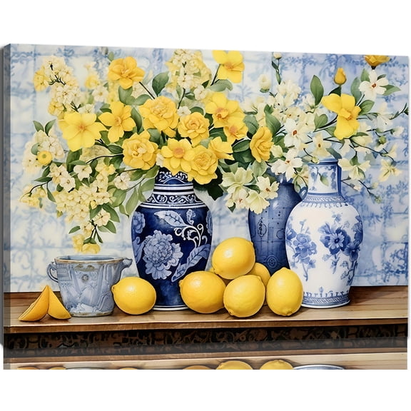Lemon & Blue Chinoiserie Vase Canvas Wall Art, Mediterranean Style Still Life Painting, Framed Yellow Floral Decor for Kitchen, Dining Room & Mediterranean Home 24*36inch(60*90cm)