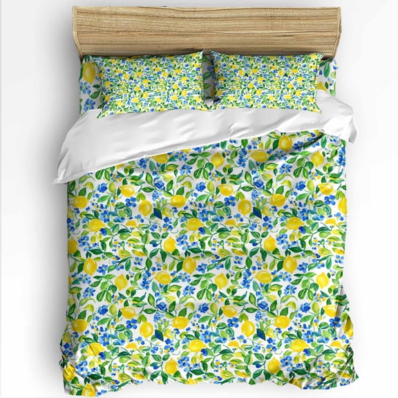 Lemon Blue Flower Twin Size Comforter Set, Fruit Floral Leaf Spring Retro Soft Bedding for All Seasons, 4 Pcs Bed Set with 1 Comforter (68"x86") ,1Sheet(66"x116"), 2 Pillowcases (19"x29")