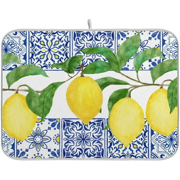 Lemon Blue Tiles Dish Drying Mat for Kitchen Counter Absorbent Microfiber Drying Pad, Large 18x24 in, Reversible Drainer Mats