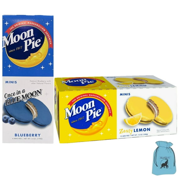 Lemon and Blueberry Flavor Moon Pie Minis 6 oz Marshmallow Sandwiches Individually Wrapped for Home Travel Pantry Lunchbox Food Snacks Party Favor Treats Gift Supplies 2 Boxes - Total of 18 Mini Pies
