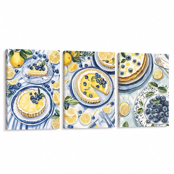 Lemon Blueberry Wall Art Set of 3, 12x16 Inch Canvas Prints, Dessert Kitchen Decor, French Bakery Style Artwork for Dining Room Kitchen