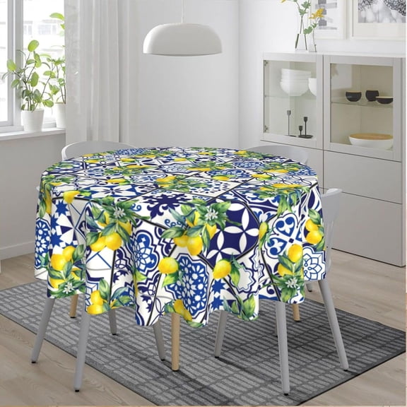 Lemon Boho Mexican Tiles Round Tablecloth 60 Inch, Decorative Holiday Home Party Table Cloth for Kitchen Dining Picnic Table Cover