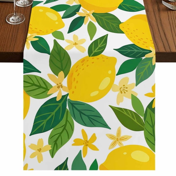 Lemon Botanical Burlap Cotton Table Runner 14x72 Inches Long, Summer Fruit Leaves Watercolor Farmhouse Table Runners, Outdoor Dining Tablecloths Decor for Baby Shower/Party/Wedding
