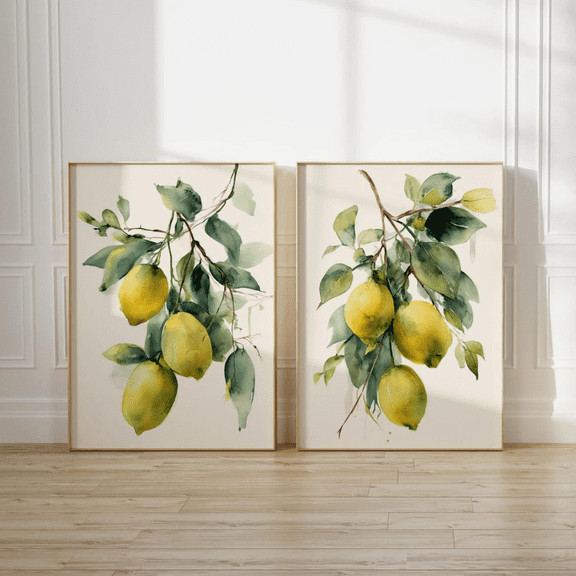 Lemon Botanical Kitchen Sage Green Poster Set 2 Prints Set 2 , Poster Only