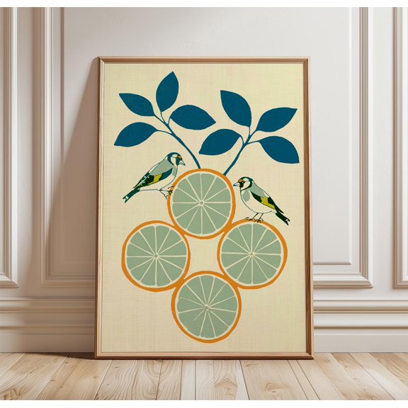Lemon Botanical Poster, Block Print Art, Citrus Bird Wall Art, Mediterranean Kitchen Print, Vintage Fruit Decor, Nature Artwork, Poster Only
