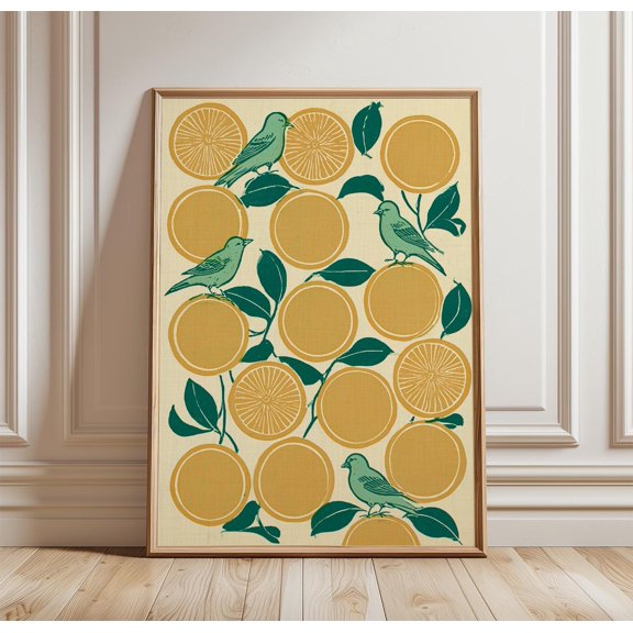 Lemon Botanical Poster, Block Print Art, Citrus Wall Art, Bird Print, Mediterranean Kitchen Decor, Vintage Fruit Artwork, Poster Only