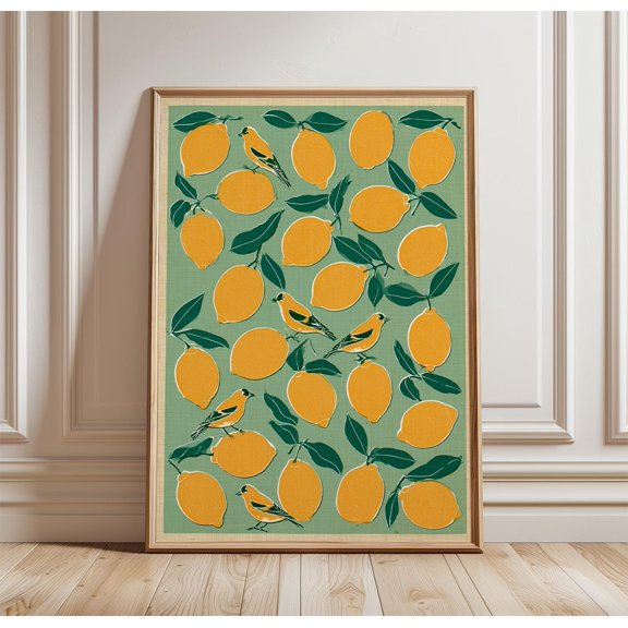 Lemon Botanical Poster, Block Print Art, Citrus Wall Art, Bird Print, Mediterranean Kitchen Decor, Vintage Fruit Artwork, Poster Only