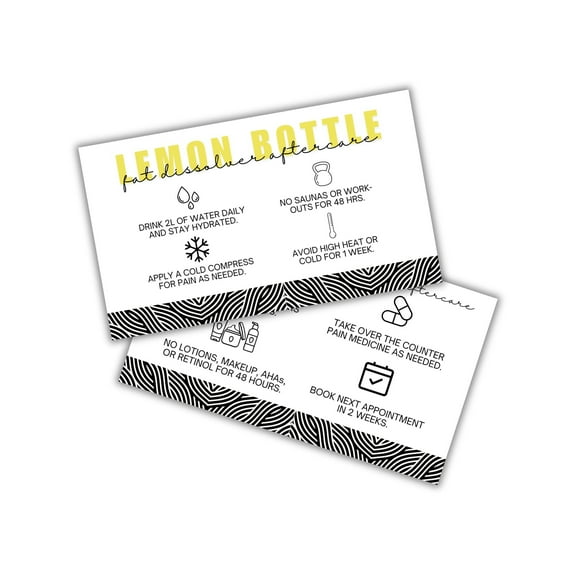 Lemon Bottle Fat Dissolver Aftercare Instruction Cards  50 pk 2x3.5 Liquid Lipo Facial Consent Injection Card Clients Wallet Post Pre Treatment