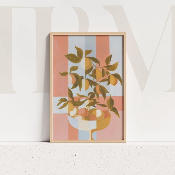 Lemon Bowl Wall Art Print Abstract Cubist Fruit Retro Pedestal Artwork Mediterranean Kitchen Decor Botanical Citrus Modern Home Home Decor #544, Unframed Poster Size 8x12