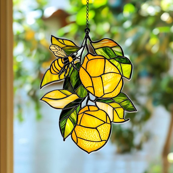 Lemon Branch Acrylic Suncatcher, Faux Stained Glass Bee Lemon Window Decor, Citrus-Themed Hanging, Summer Housewarming Gift