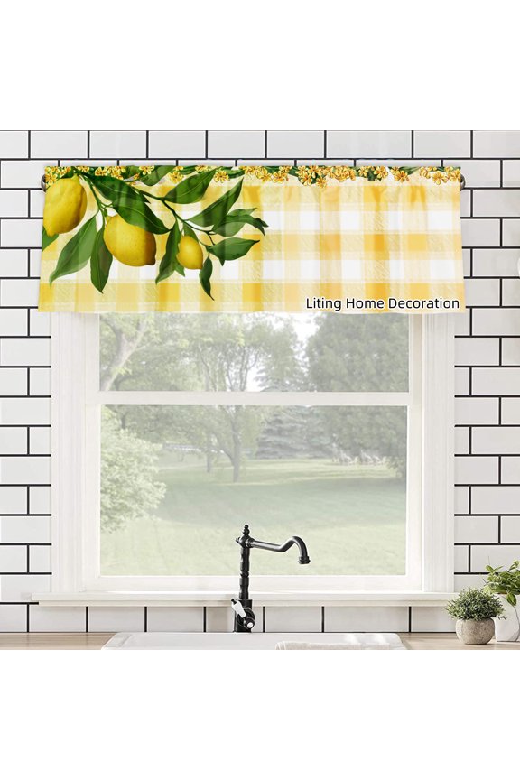 Lemon Branch And Checkered Pattern Polyester Rod Pocket kitchen Valances Curtains for windows 54x18 inch