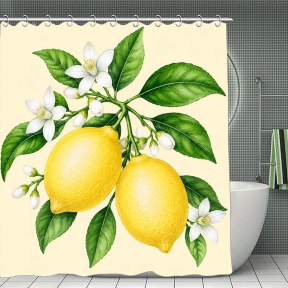 Lemon Branch Blossoms Print Shower Curtain,Cloth Fabric Waterproof Polyester Bathroom Home Decor Set with Hooks 70.8×70.8Inch