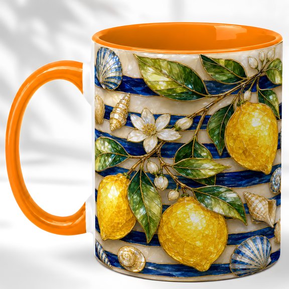 Lemon Branch Coffee Mug, Coastal Fruit Mug, Ceramic 11 oz