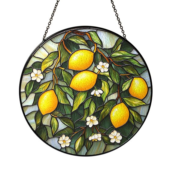 Lemon Branch Faux Stained Glass Suncatcher, Window Hanging Decor with Fresh Citrus Botanical Style